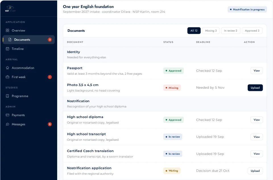 A preview of the NSP student portal showing the document checklist